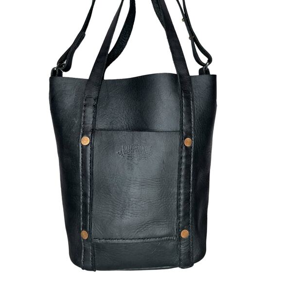 Haiti Made Mini Travay Upright Saddle Black Leather Tote Bag Purse Front Pocket - Picture 7 of 12
